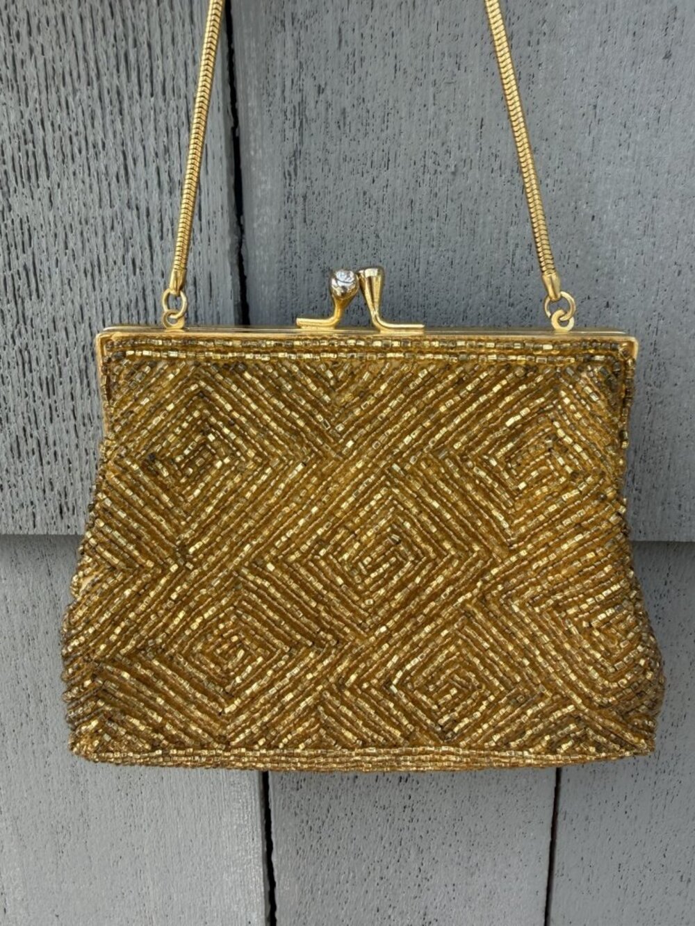 Vintage 70s Handmade gold crisscross disco beaded evening kisslock purse